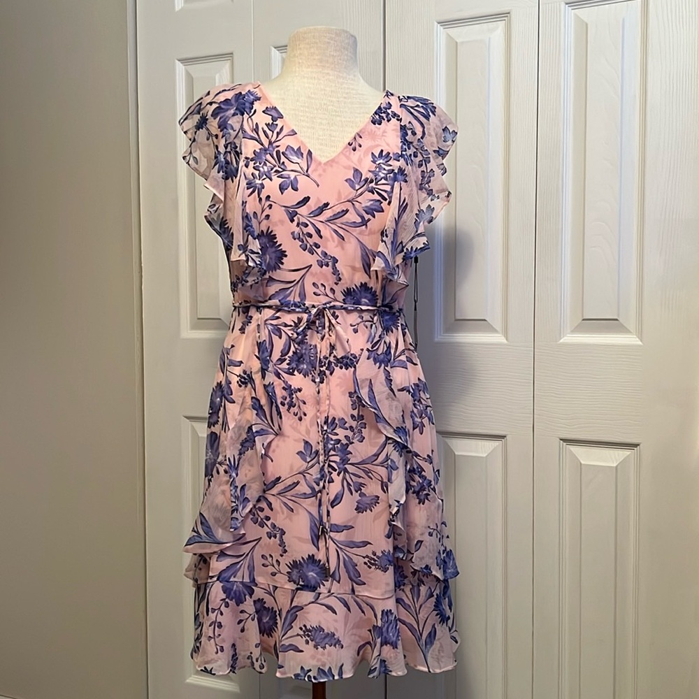 Tommy Hilfiger Chiffon Pink and Blue Floral Ruffled Dress New With Tags Size 10